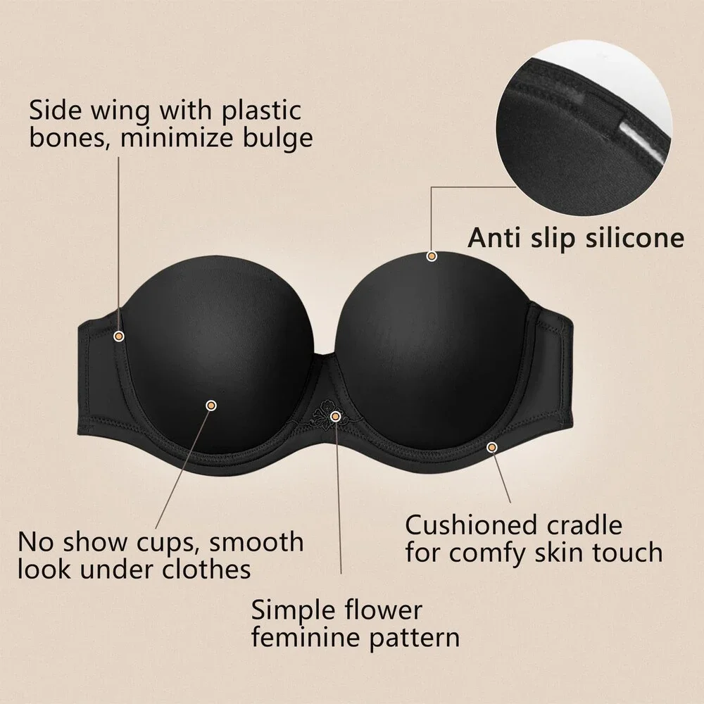DotVol Women's Black Multiway Strapless Bra Full Figure Underwire Contour 36C